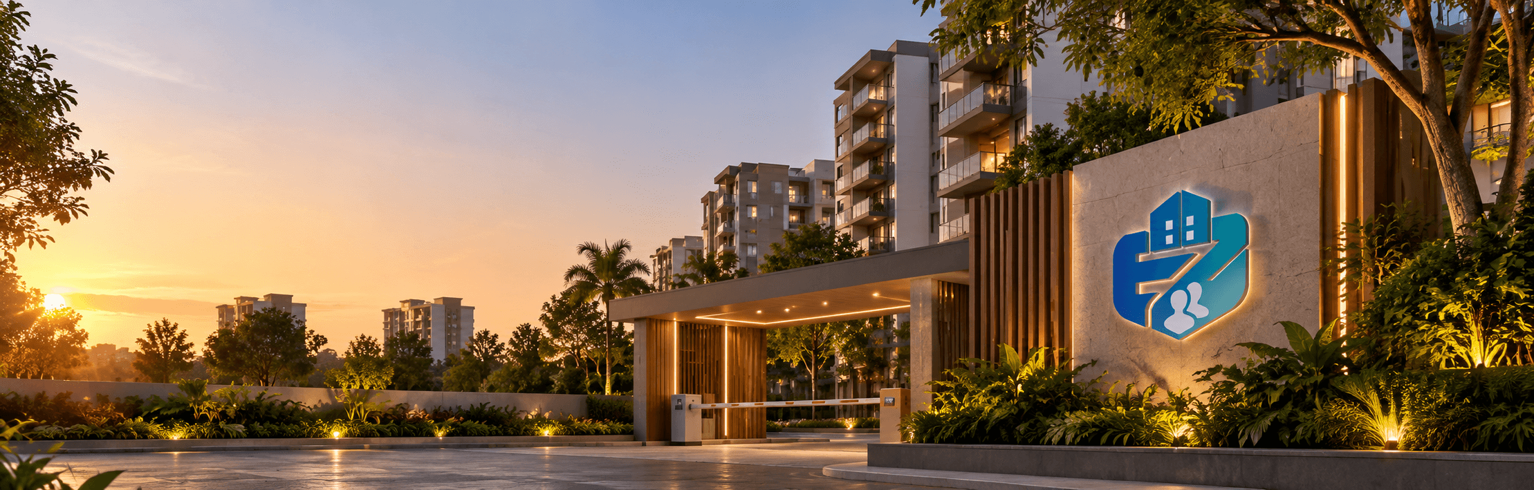 EZ Resident society gate at sunset
